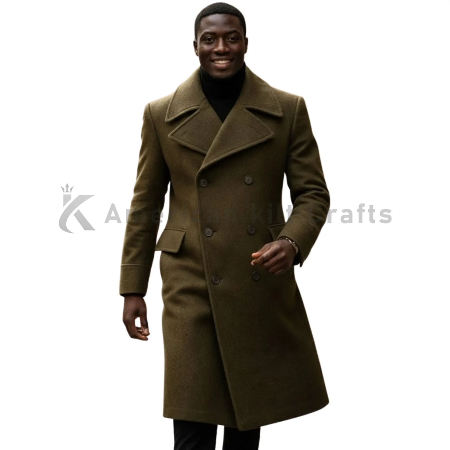 Male model wearing a full-length olive green wool greatcoat, showcasing the double-breasted military design, tailored fit, structured shoulders, and complete coat silhouette.