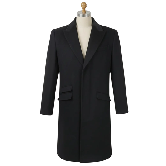 Front view of men’s Peaky Blinders wool overcoat with Thomas Shelby inspired trench coat style and tailored long fit.