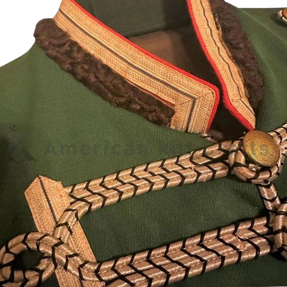 Close-up of men’s Prussian Hussar officer jacket showing detailed military braiding, buttons, and trim.