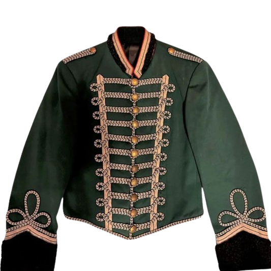 Front view of men’s Prussian officer pelisse Hussar regiment jacket with military braid and decorative details.