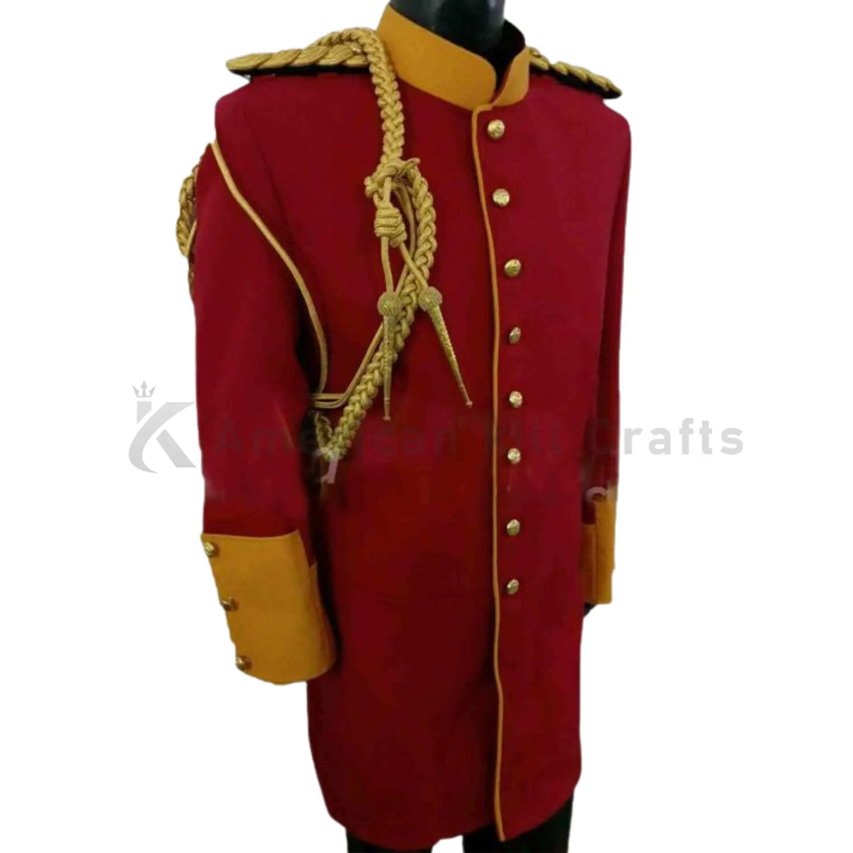 Side view of men’s Prussian Dragoon military coat showing the tailored silhouette, structured shoulders and classic Napoleonic parade coat profile.