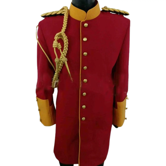 Men’s Prussian Dragoon Napoleon military coat front view featuring structured tailoring, historical officer styling and formal parade uniform details.