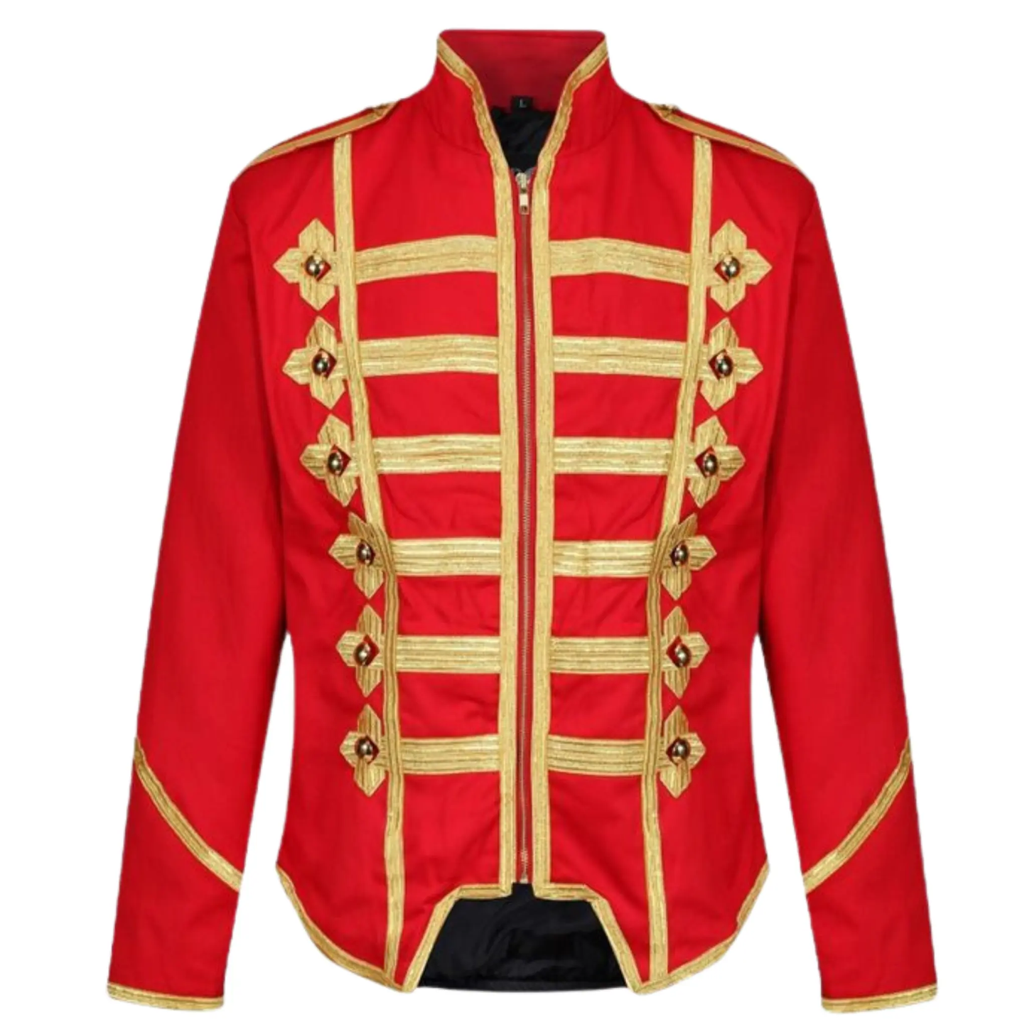 Men’s red classic military jacket front view featuring a structured marching band and drum major uniform style.