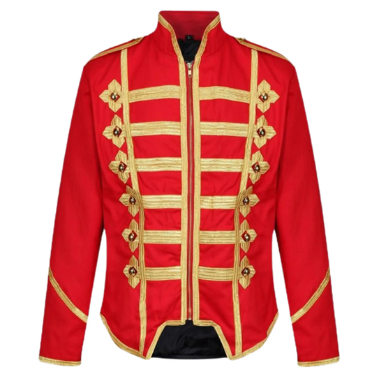 Men’s red classic military jacket front view featuring a structured marching band and drum major uniform style.
