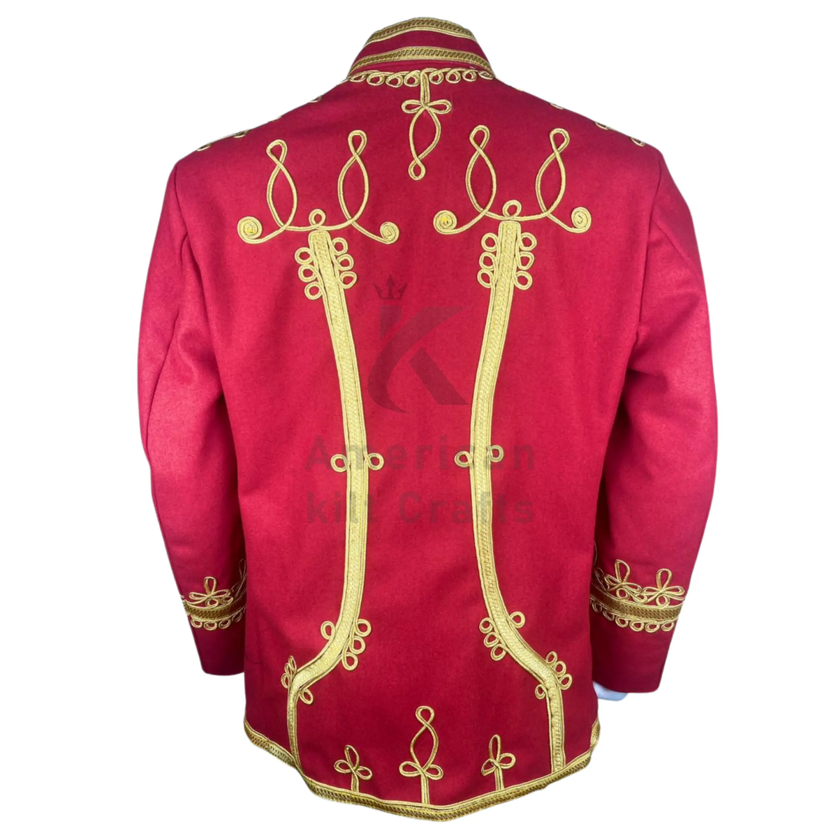 Back view of men's red Napoleonic Hussar military jacket featuring gold braid detailing and tailored military styling.