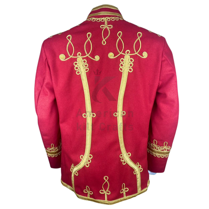 Back view of men's red Napoleonic Hussar military jacket featuring gold braid detailing and tailored military styling.