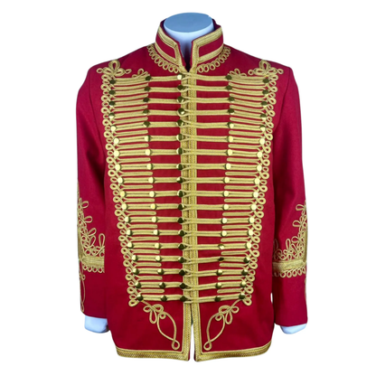 Men's red Hussar military jacket front view with gold braiding, decorative buttons, and Napoleonic-inspired design.