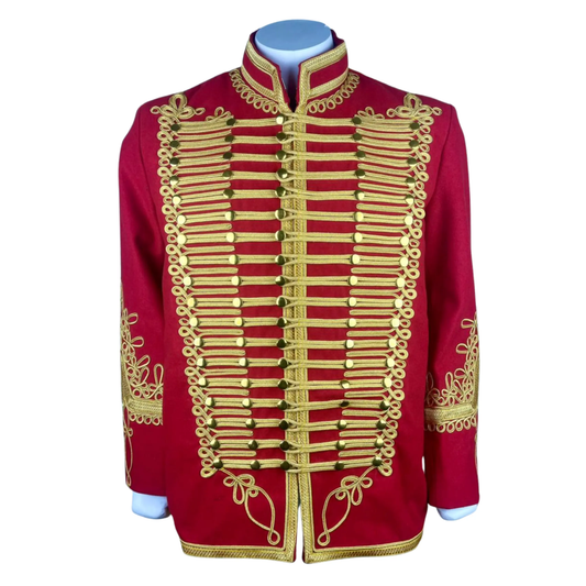 Men's red Hussar military jacket front view with gold braiding, decorative buttons, and Napoleonic-inspired design.