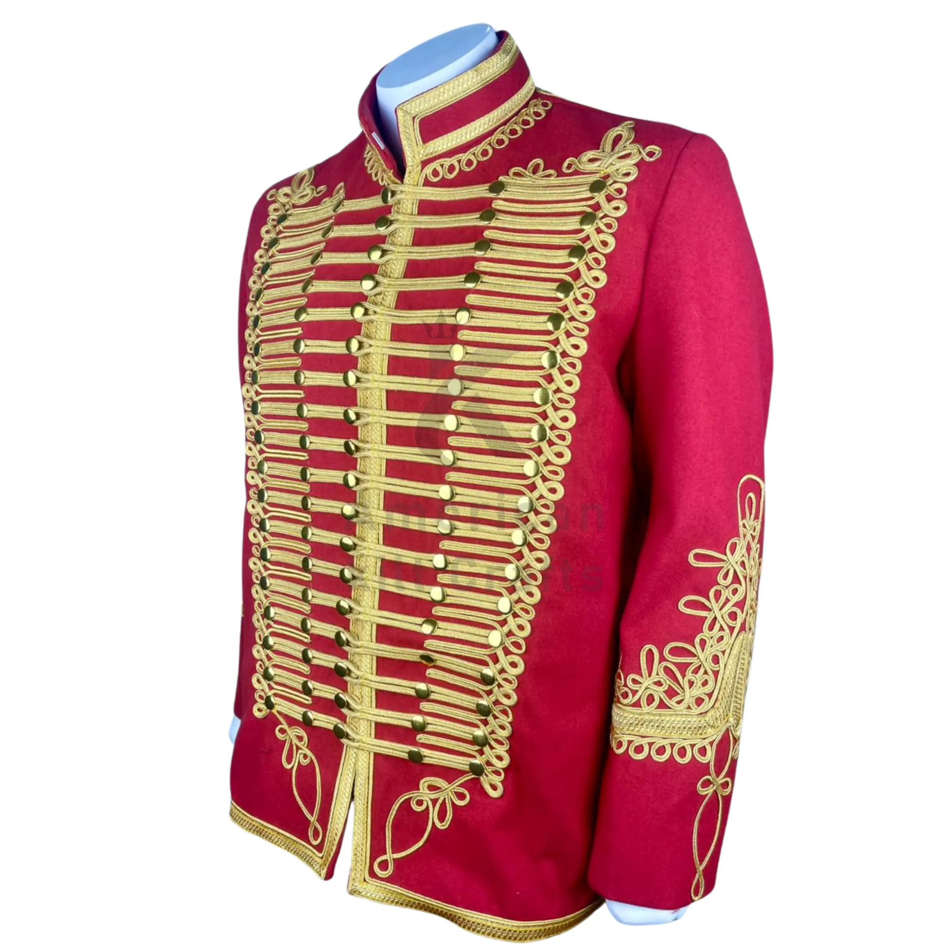 Side view of red Hussar military jacket showing tailored fit, structured collar, gold trim, and historical uniform styling.