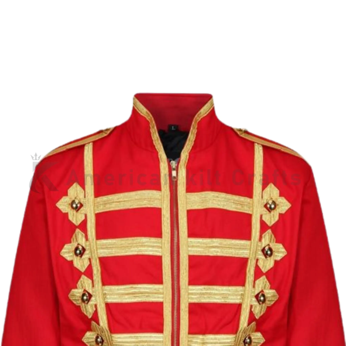 Close-up of men’s red classic military jacket showing detailed construction, trim and drum major uniform styling.