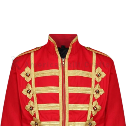 Close-up of men’s red classic military jacket showing detailed construction, trim and drum major uniform styling.
