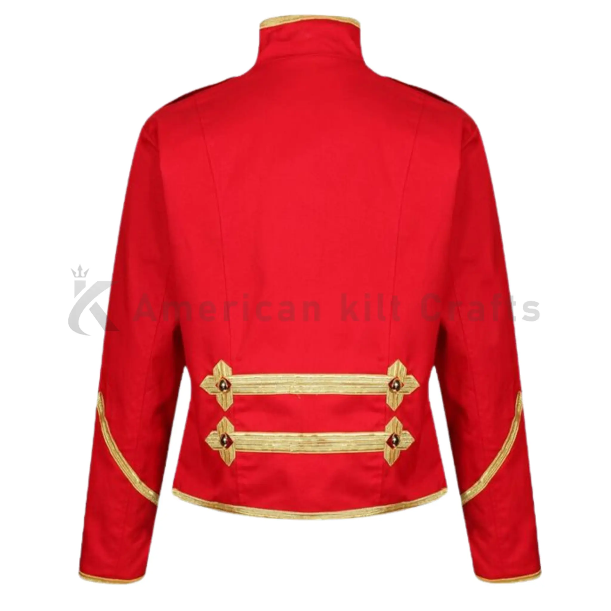 Back view of men’s red military marching band jacket with a structured tailored fit and classic uniform design.