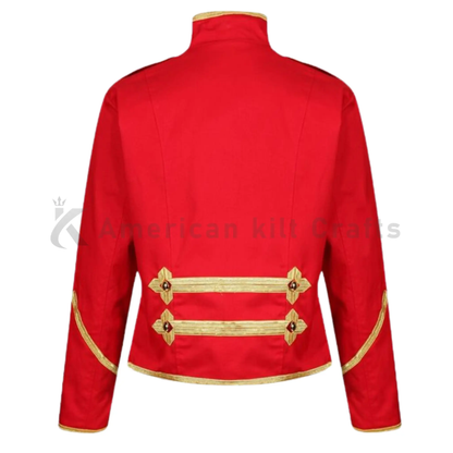 Back view of men’s red military marching band jacket with a structured tailored fit and classic uniform design.