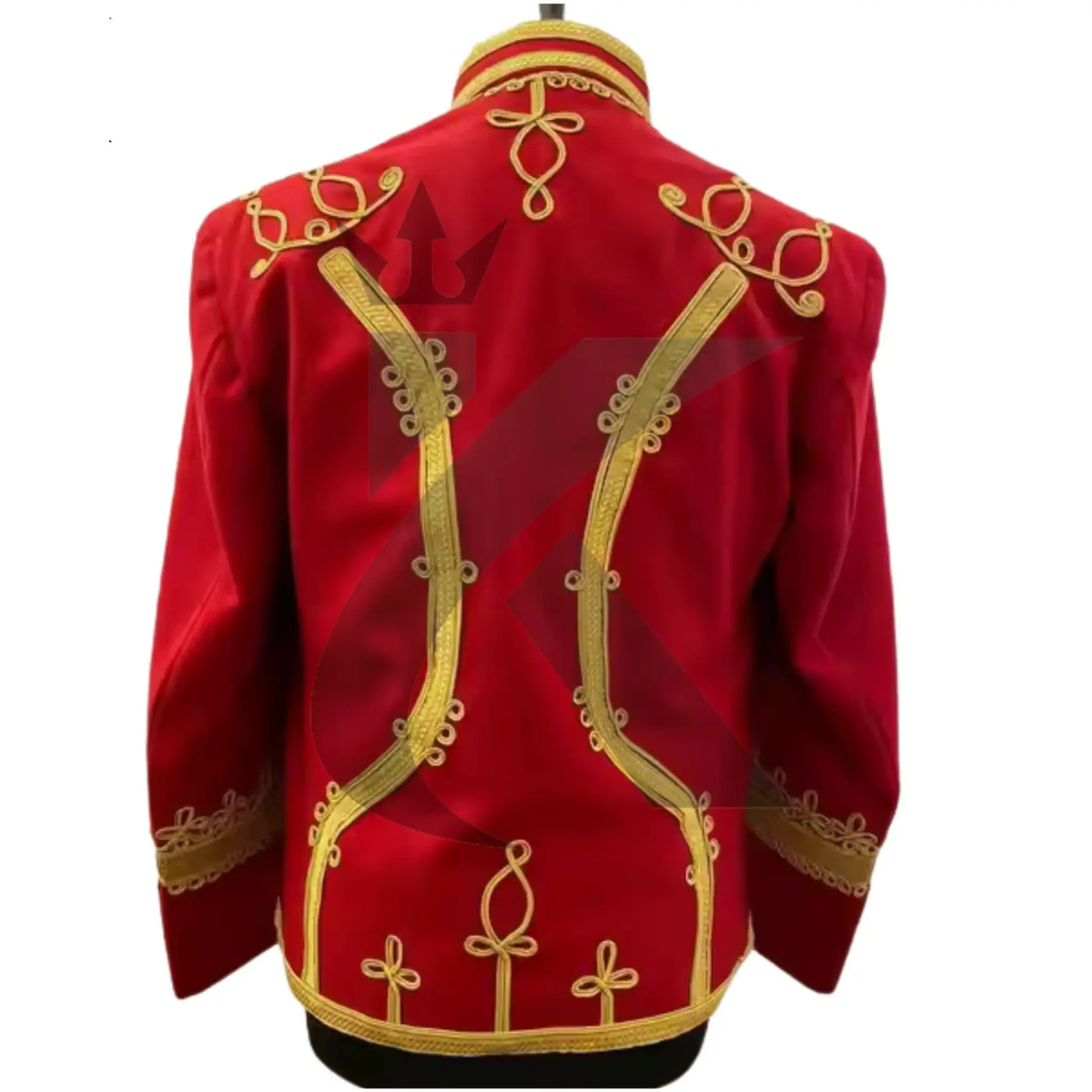 Back view of men’s red Napoleonic military jacket showing the tailored silhouette and vintage Hussar-inspired detailing.