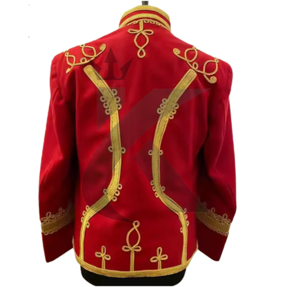 Back view of men’s red Napoleonic military jacket showing the tailored silhouette and vintage Hussar-inspired detailing.