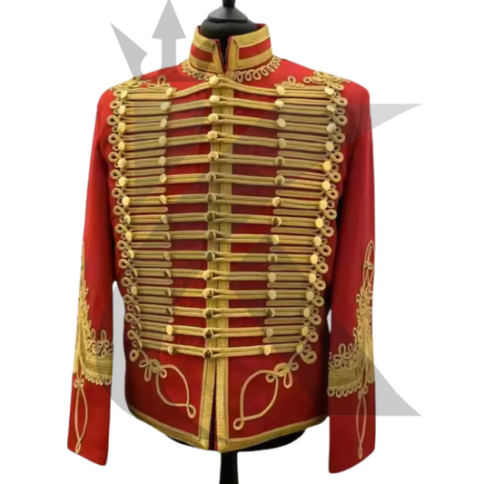 Men’s red Napoleonic military jacket front view with vintage Hussar styling, decorative gold trim, and structured military design.