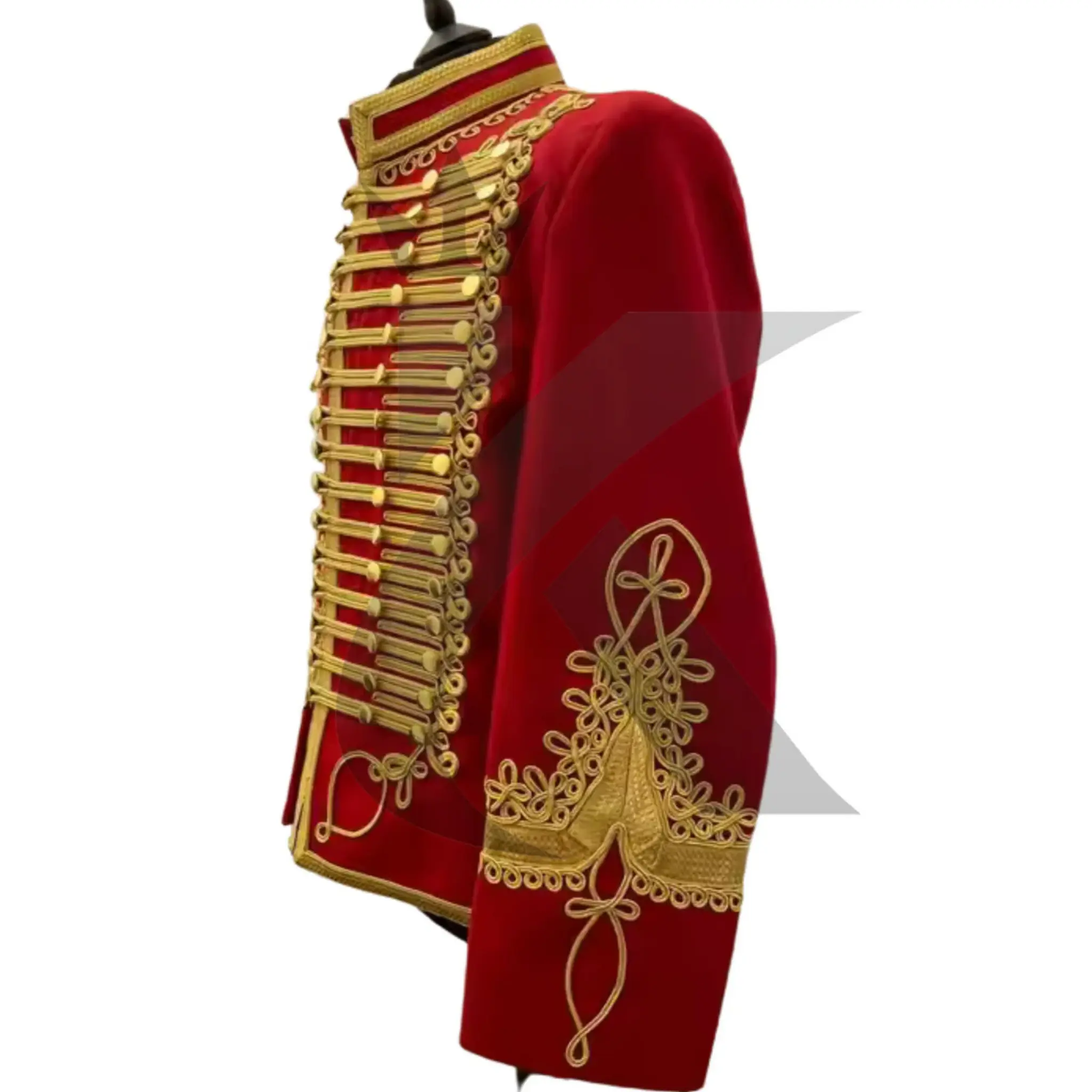 Side view of men’s red Hussar military jacket featuring a structured fit, decorative trim, and historical Napoleonic styling.