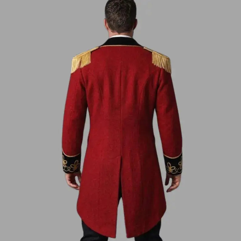Back view of men’s red Ringmaster tailcoat jacket showing the long Victorian frock coat design and decorative gold detailing.