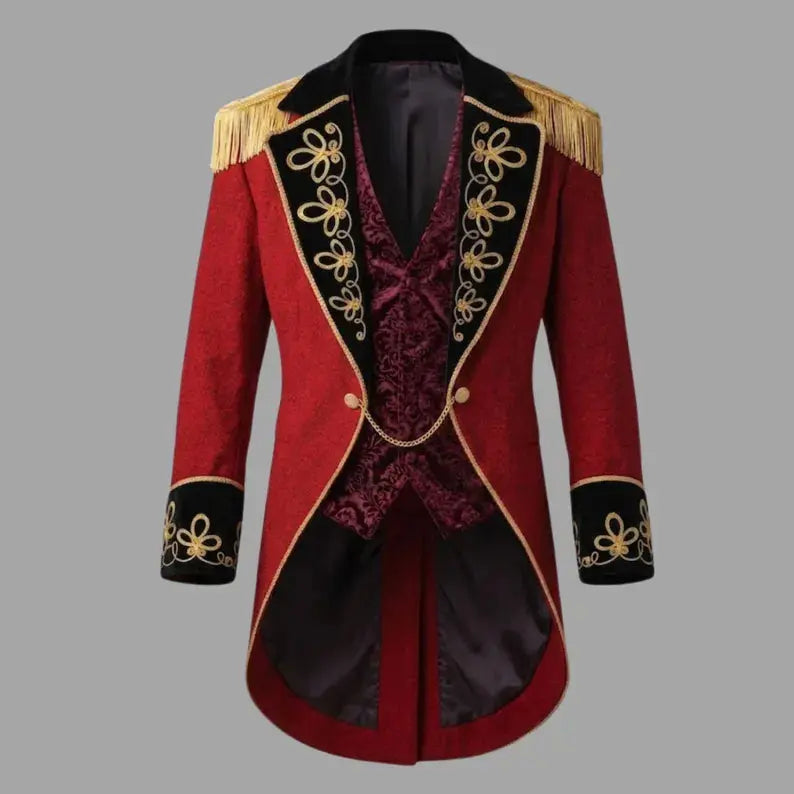 Men’s red Ringmaster tailcoat jacket front view featuring Victorian military styling, gold embroidery, and vintage circus-inspired detailing.