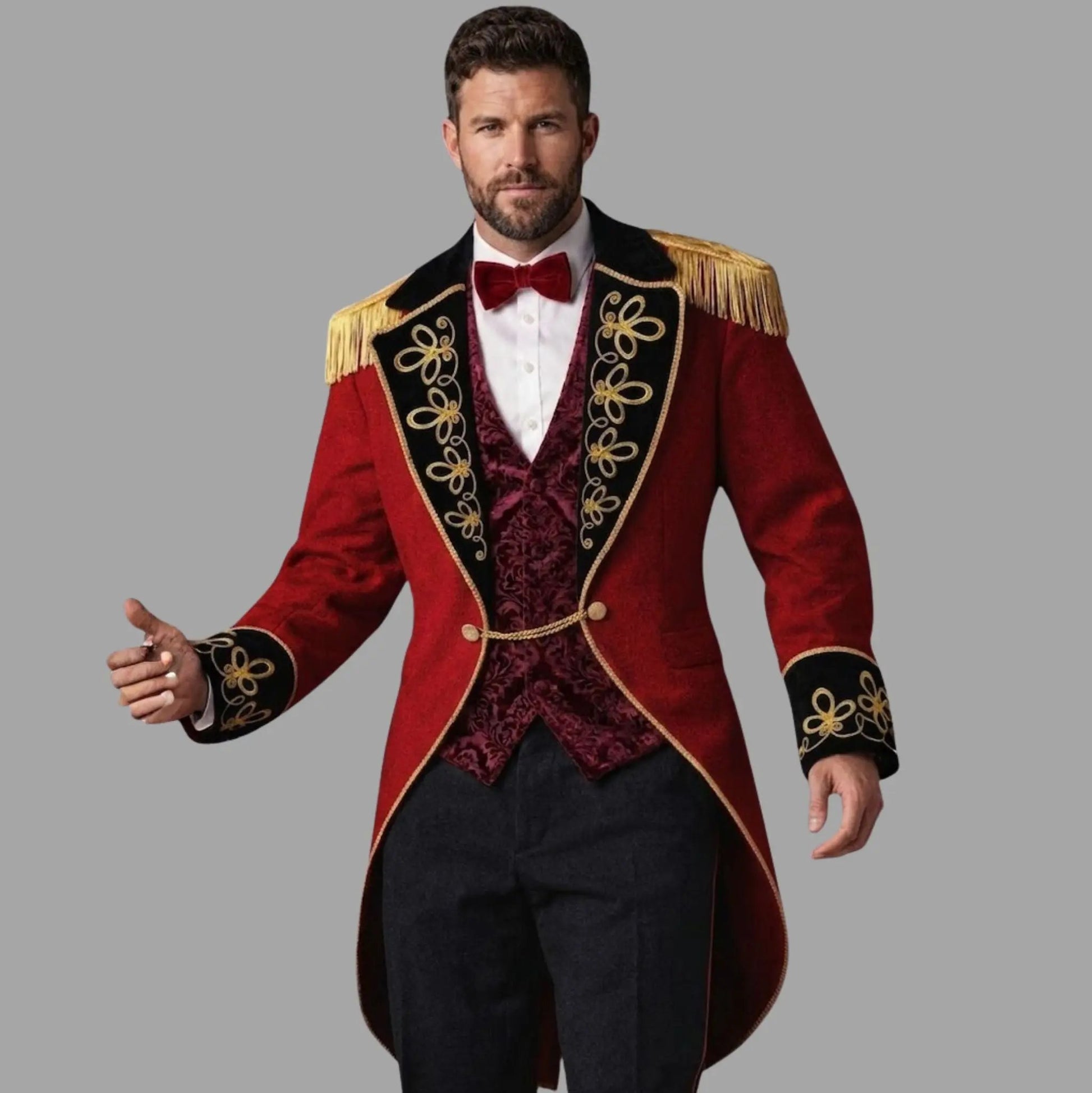 Model wearing a men’s red Ringmaster tailcoat jacket with gold embroidery, showcasing the full Victorian circus costume-inspired look.