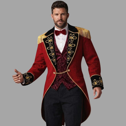 Model wearing a men’s red Ringmaster tailcoat jacket with gold embroidery, showcasing the full Victorian circus costume-inspired look.