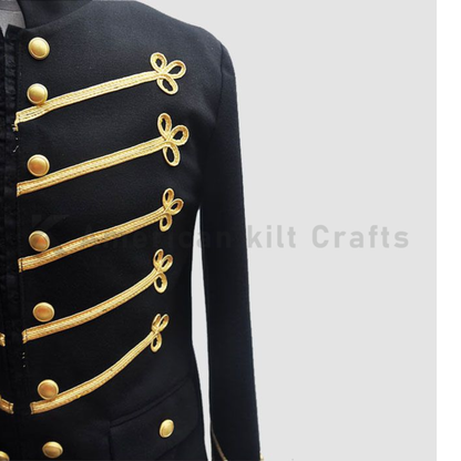 Close-up of men's black Napoleonic military jacket showing detailed gold braid, decorative buttons and premium uniform craftsmanship.