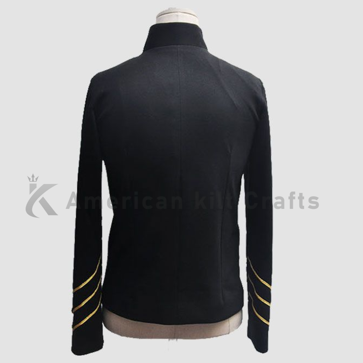 Back angle view of men's Richard Sharpe-inspired black military jacket featuring tailored Napoleonic officer styling and gold detailing.