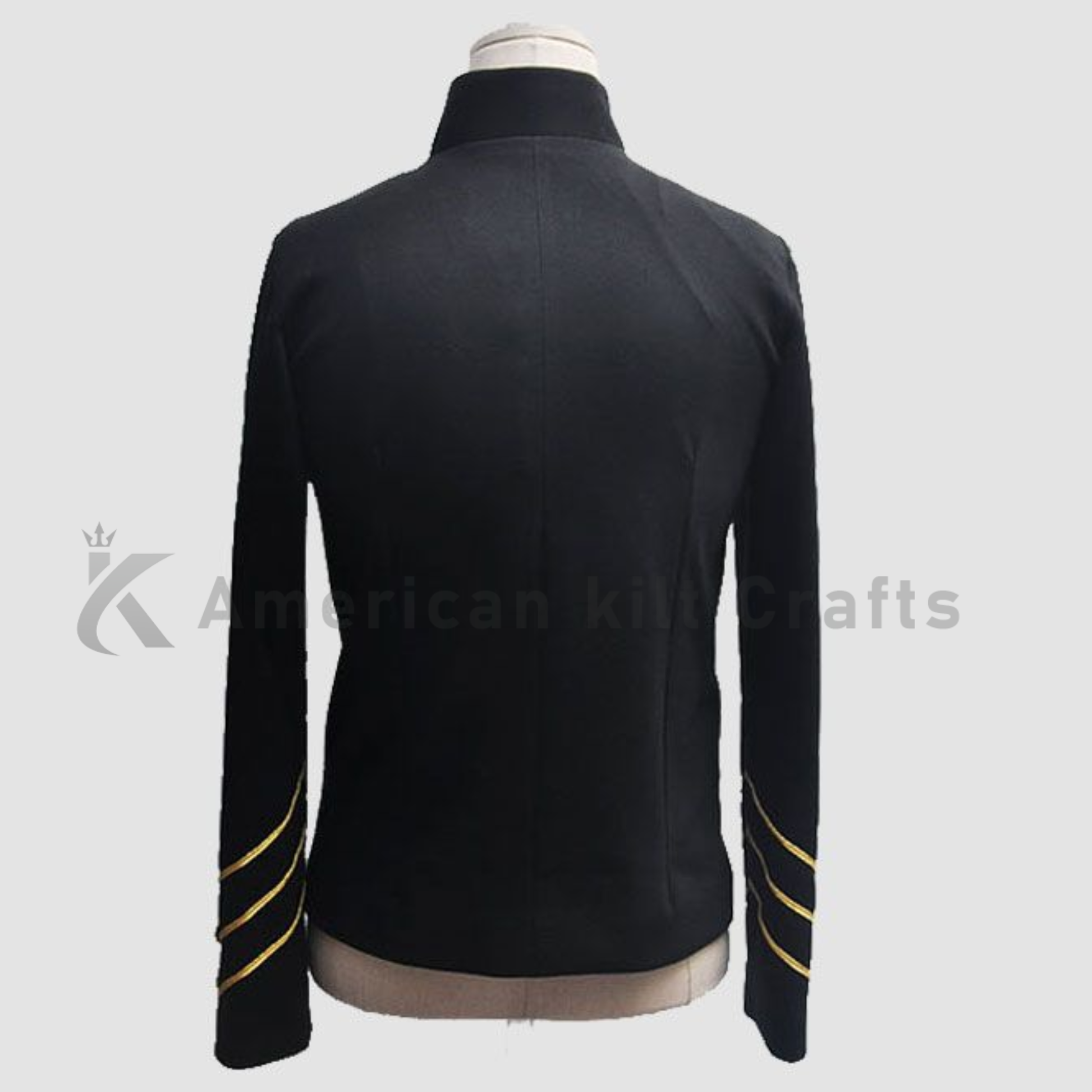Back angle view of men's Richard Sharpe-inspired black military jacket featuring tailored Napoleonic officer styling and gold detailing.