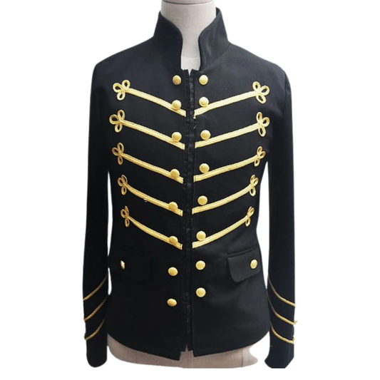 Men's Richard Sharpe-inspired black military jacket front view with gold braid, decorative buttons and Napoleonic officer styling.