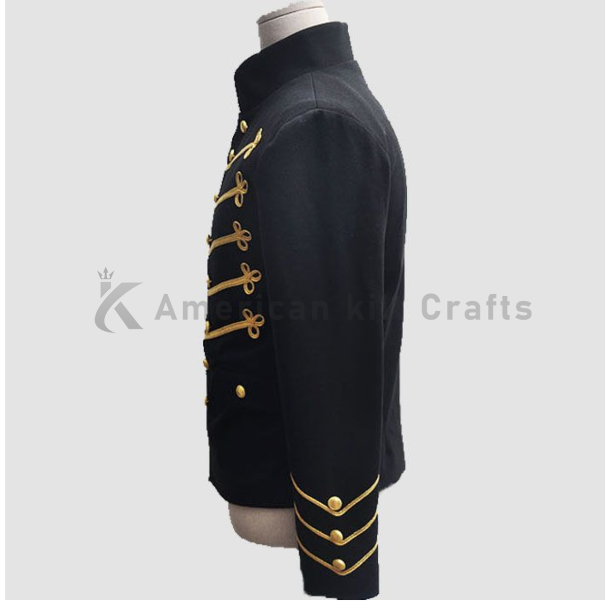 Side view of men's black and gold Richard Sharpe-inspired Napoleonic military officer jacket with structured tailored fit.