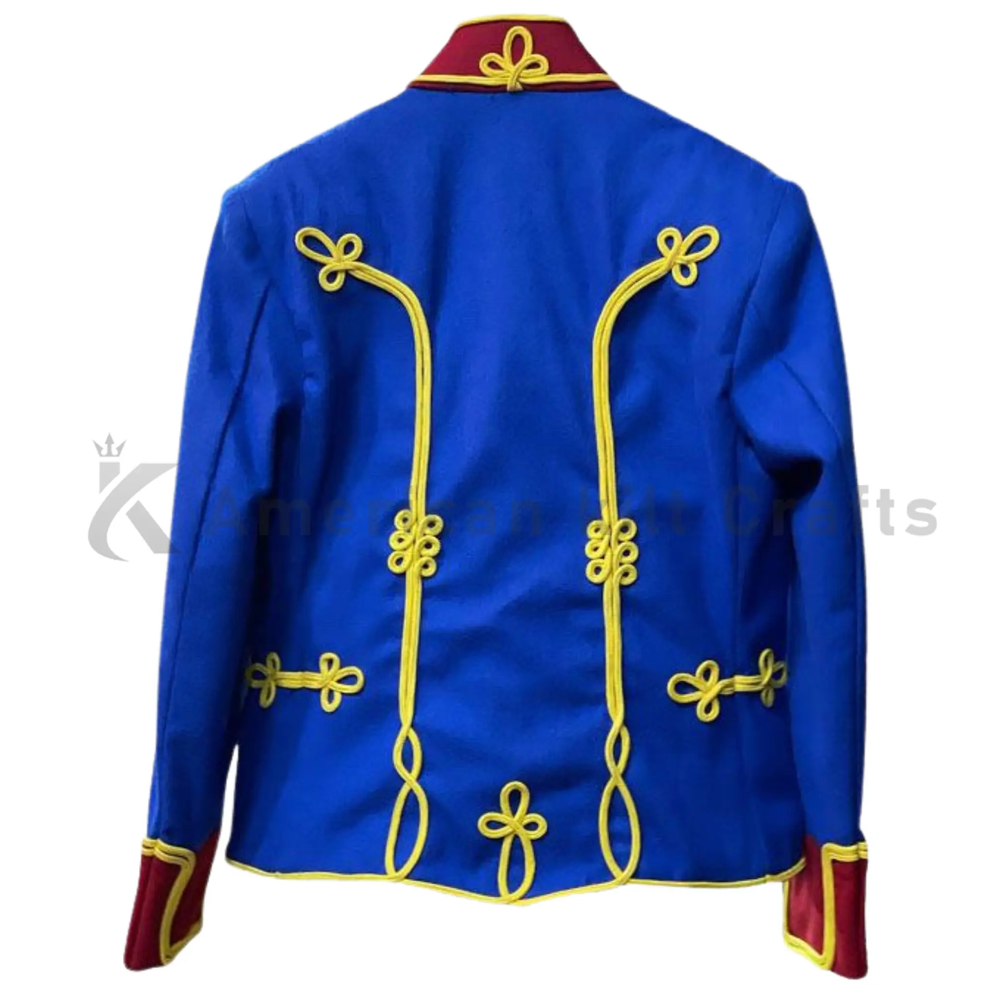 Back view of men’s royal blue Hussars jacket showing the tailored military silhouette and classic Napoleonic uniform design.
