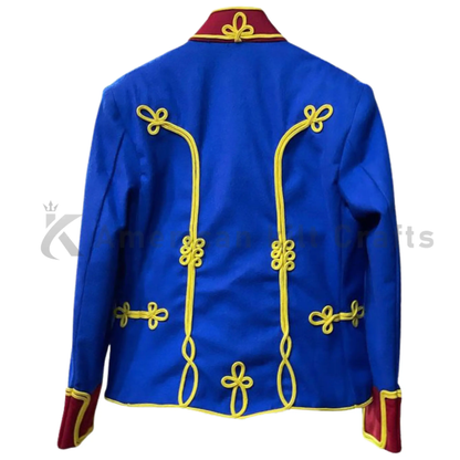 Back view of men’s royal blue Hussars jacket showing the tailored military silhouette and classic Napoleonic uniform design.