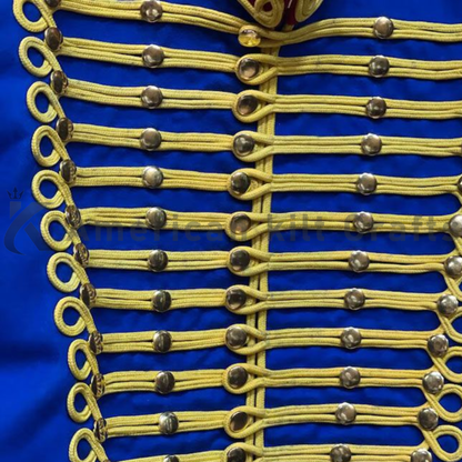 Close-up of men’s royal blue Hussars jacket showing the decorative braid, buttons, collar details, and wool-blend fabric.