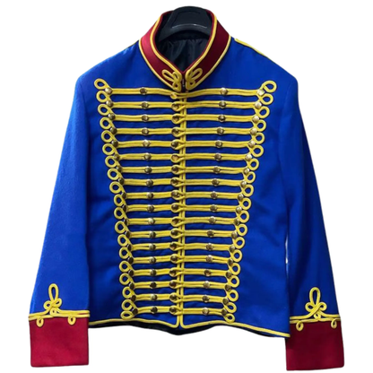 Front view of men’s royal blue Hussars jacket featuring Scottish uniform styling, Napoleonic military detailing, and decorative braid.