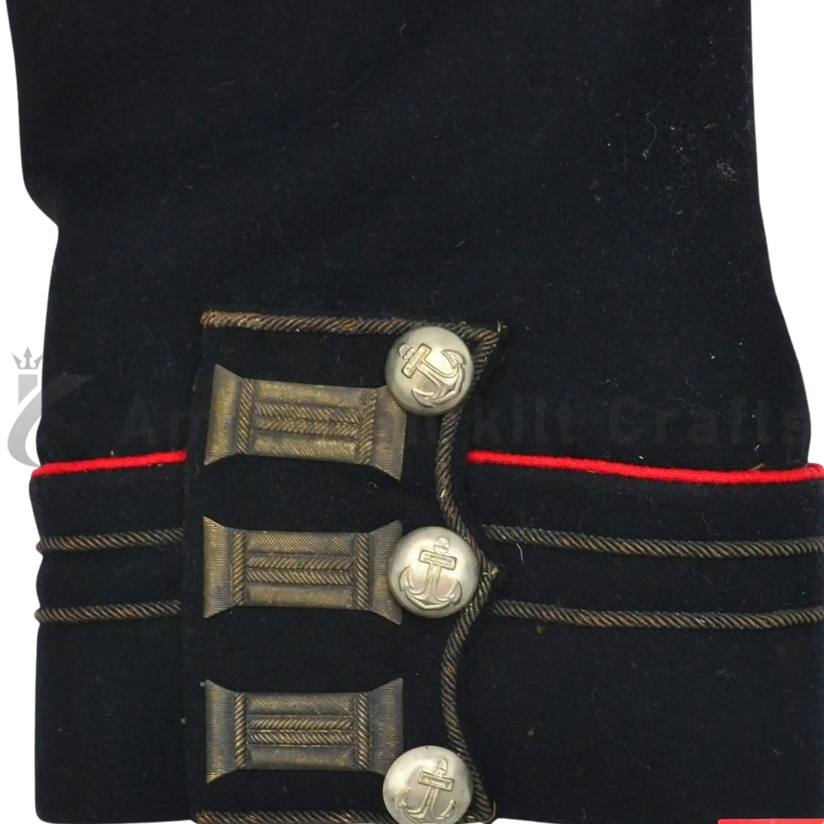 Close-up of men’s Russian Royal Guard jacket sleeve showing ornate gold trim, cuff detailing and historical military craftsmanship.