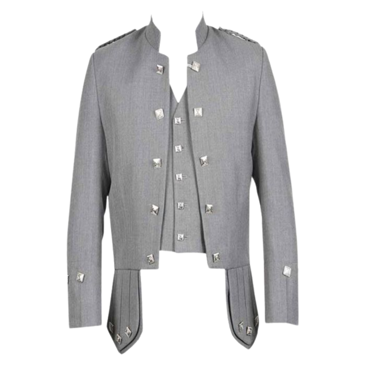 Men’s grey Prince Charlie jacket and waistcoat designed for traditional Scottish Highland wedding and formal wear.