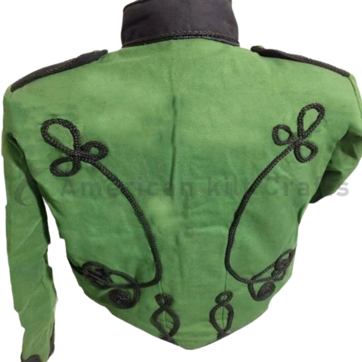 Back view of men’s green Napoleonic military jacket showing its tailored fit, structured shoulders, and period-inspired design.