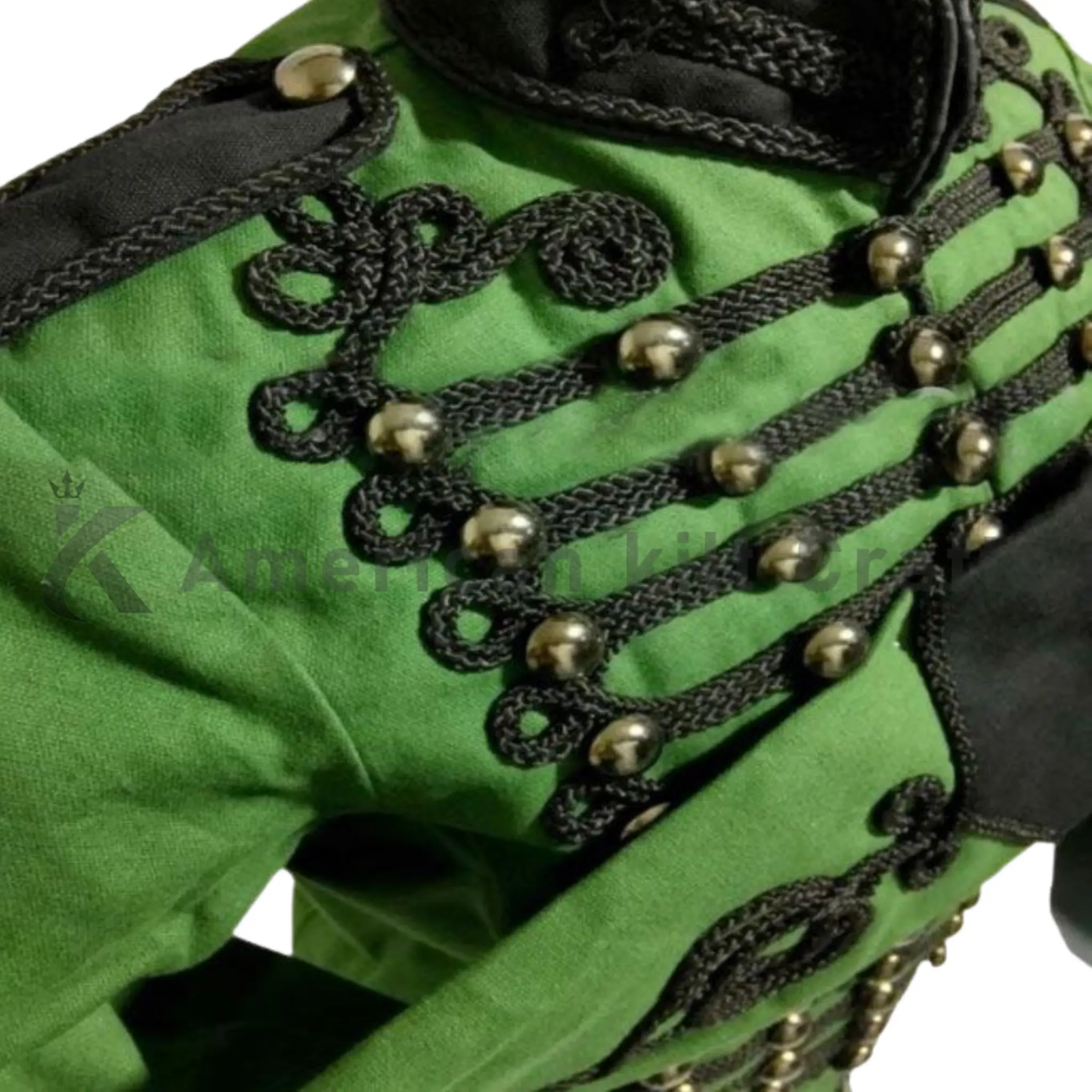 Close-up of Sharpe-style green military jacket highlighting the decorative buttons, collar, trim, and quality wool-blend fabric.