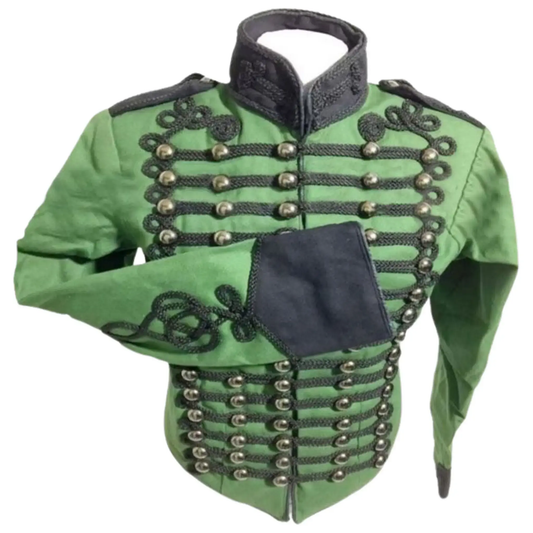 Front view of men’s Sharpe-style green military jacket featuring a structured Napoleonic design and traditional button detailing.
