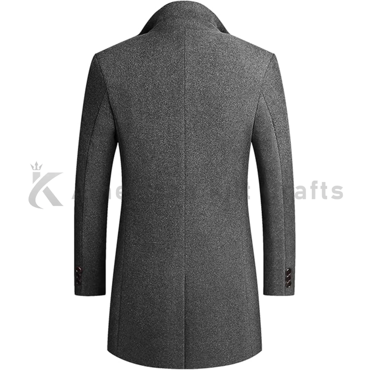 Back view of men’s single-breasted wool trench coat showing structured shoulders, clean tailoring and a classic long winter overcoat silhouette.