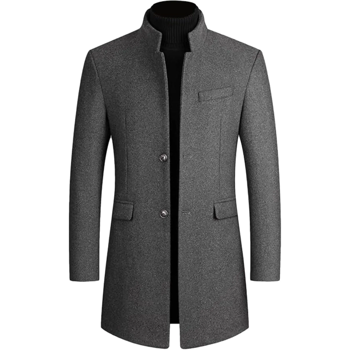 Men’s single-breasted wool trench coat front view featuring a button-down closure, tailored long silhouette and classic formal winter overcoat styling.