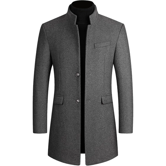 Men’s single-breasted wool trench coat front view featuring a button-down closure, tailored long silhouette and classic formal winter overcoat styling.