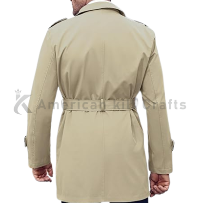 Back view of men’s slim fit double-breasted trench coat showing the tailored silhouette, structured shoulders and long military-inspired winter coat design.