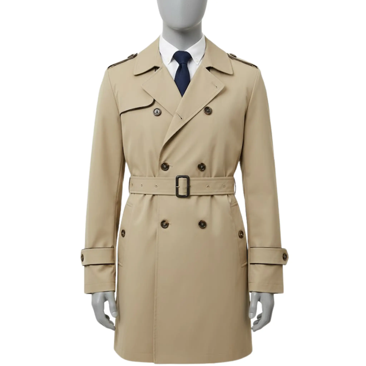 Men’s slim fit double-breasted trench coat front view featuring a belted waist, structured military styling and long winter overcoat silhouette.