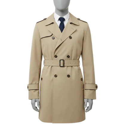 Men’s slim fit double-breasted trench coat front view featuring a belted waist, structured military styling and long winter overcoat silhouette.