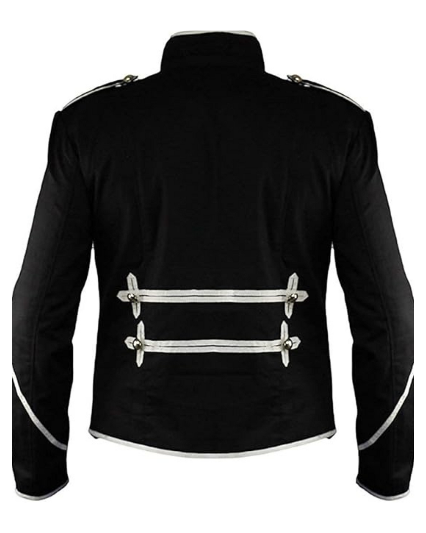 Back view of men’s steampunk military drummer jacket showing the tailored silhouette and gothic parade-inspired design.