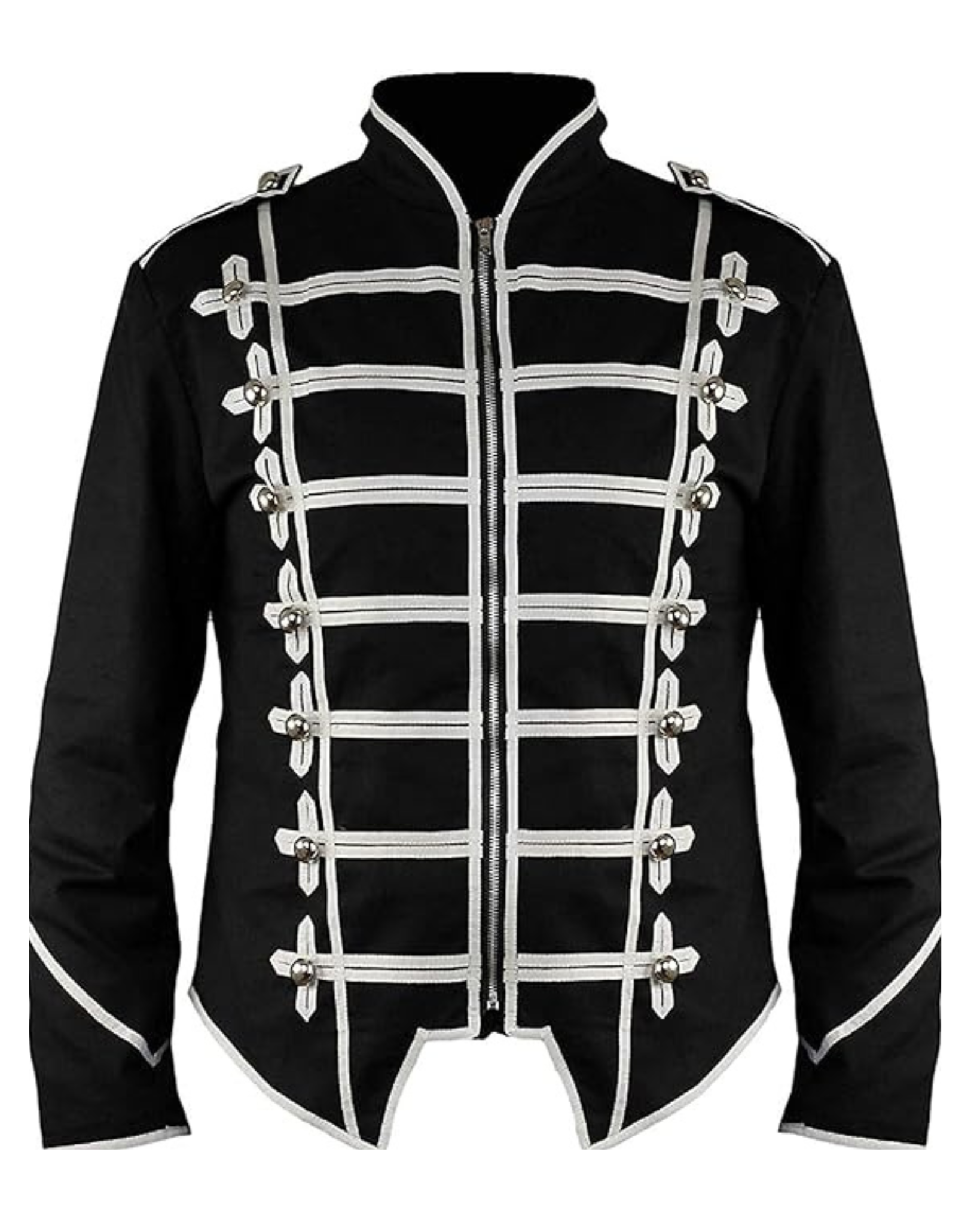 Men’s steampunk military drummer jacket front view featuring gothic parade styling, structured tailoring, and decorative military details.
