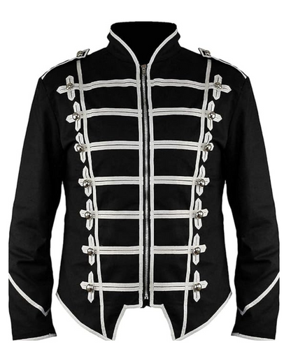 Men’s steampunk military drummer jacket front view featuring gothic parade styling, structured tailoring, and decorative military details.