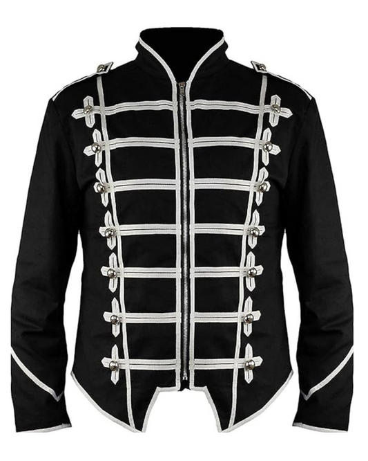 Men’s steampunk military drummer jacket front view featuring gothic parade styling, structured tailoring, and decorative military details.