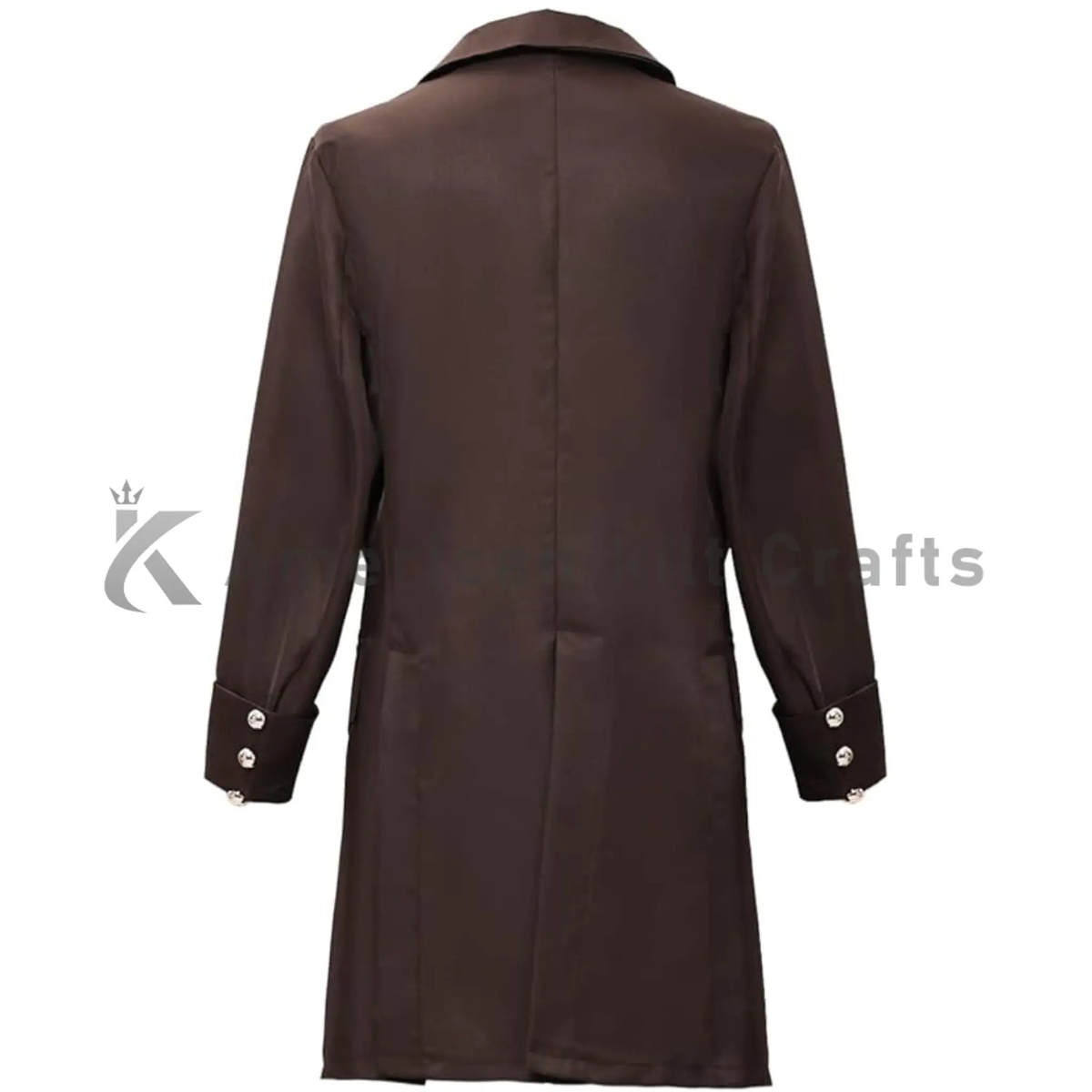 Back view of men’s Victorian frock coat showing the long tailored cut, structured shoulders and classic steampunk-inspired overcoat design.